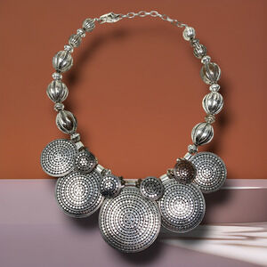 Vintage St. Thomas Silver Tone Multi Disc Textured Circle Statement Necklace